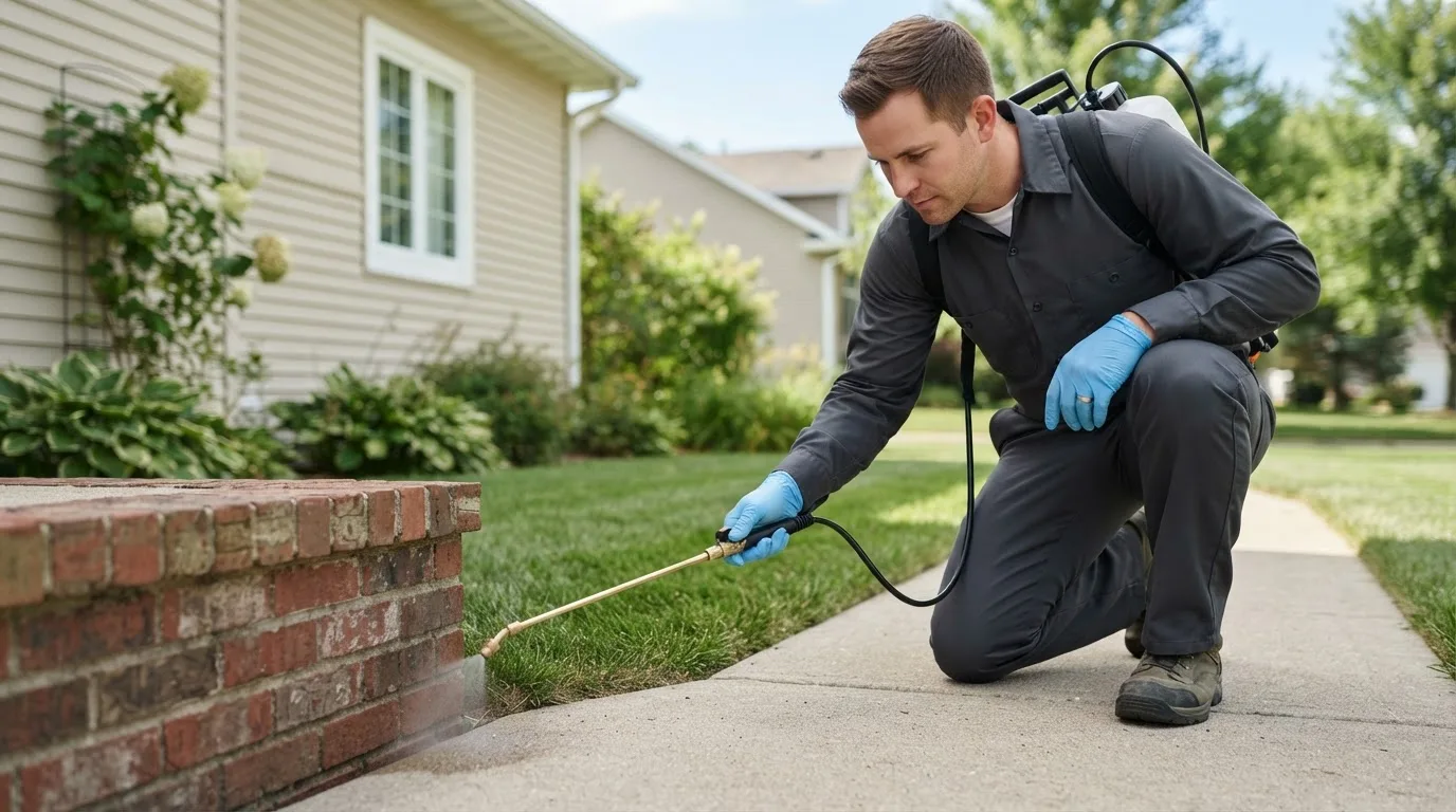 Pest control technician treating a home near Thompson, OH