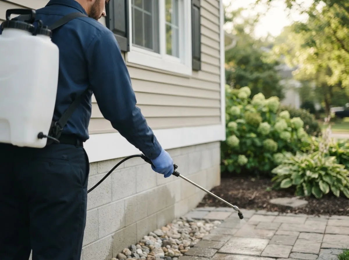 Pest control technician inspecting a home in Thompson, OH